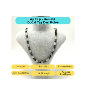 Sertifikalı Ay Taşı ve Hematit Makrome Doğal Taş Kolye 55 - 65 cm Ayarlanabilir Ölçü