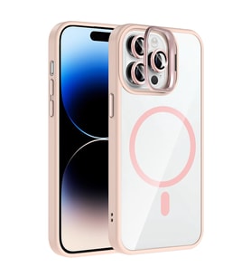Apple iPhone 14 Pro Max Uyumlu Kılıf Standlı ve Kamera Lens Hediyeli M-Safe Şarj Özellikli Zore Etro Kapak (Pembe)