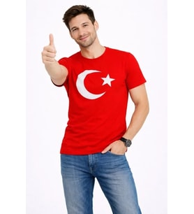 Erkek T-Shirt Kısa Kol Bisiklet Yaka Ay Yıldız Bayrak Baskılı Tişört - Kırmızı