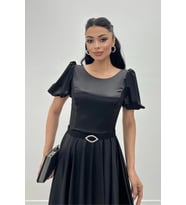 Saten Kumaş Balon Kol Midi Elbise - SİYAH