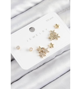 pilelistore Pirinç Zirkon Taşlı Yıldız Model Gold Renk 925 Ayar Gümüş Çivi Kadın Küpe Set - TJ-BKP11