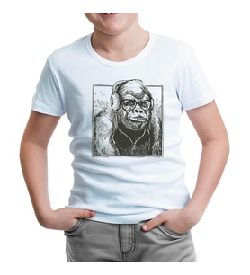 A Gorilla with Headphones Listening to Music Beyaz Çocuk Tshirt