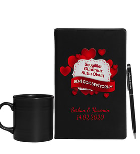Sevgililer Gününe Özel Siyah Defter Kalem & Varil Kupa Hediye Seti 6