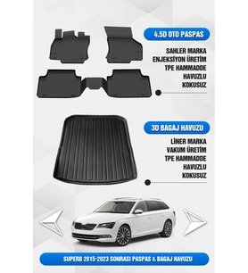 Sahler Skoda Superb 2015-2023 Uyumlu 4.5D Premium Havuzlu Oto Paspas ve Liner Marka 3D Bagaj Havuzu