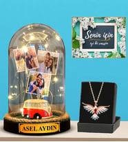 Premium Set - Kişiye Özel Led Işıklı Fanus ve Renkli Zümrüdü Anka Kuşu Kolyesi (Model 6)