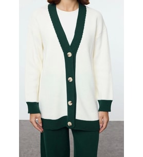 Tarz Kadın Modern Moda Yüksek Bel Geniş Paça V Yaka Şerit Detaylı Hırka-Pantolon Triko Takım (Taş)