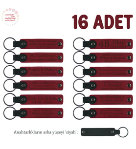Kıymetli Öğretmenlere Hatıra, 16'lı Set, Üzerine İsim Yazılabilen Deri Anahtarlık, Kırmızı & Siyah