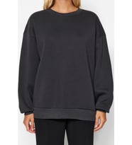 Tarz Oversize Bisiklet Yaka Düşük Kol Uzun Rahat Kesim Basic Kalın İçi polarlı Örme Sweatshirt (Antrasit)