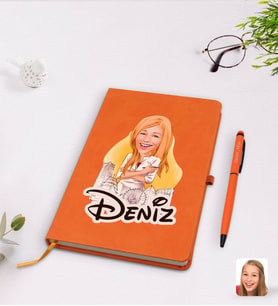 BK Gift Kişiye Özel Kadın Mimar Karikatürlü Turuncu Termo Deri Defter Kalem Seti Model 1