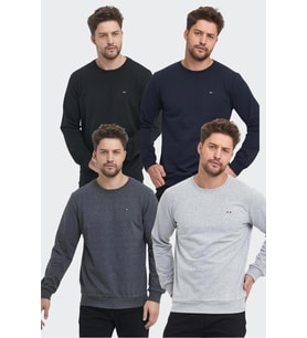 Erkek Çok Renkli Bisiklet Yaka Nakış Detaylı Regular Fit 4'Lü Sweatshirt (Siyah-Lacivert)