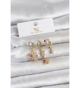 Pirinç Gold Renk Çiçek Model 3'lü Kadın Küpe - TJ-BKP11713