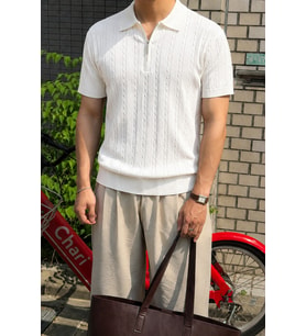 Erkek Slim Fit Fermuarlı Polo Yaka Saç Örgü Desenli Triko Tişört – Yazlık Pamuklu Esnek Örme