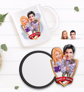 BK Gift Kişiye Özel Sevgililer Karikatürlü Beyaz Kupa ve Ahşap Bardak Altlığı Hediye Seti-56
