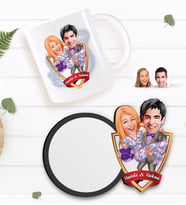 BK Gift Kişiye Özel Sevgililer Karikatürlü Beyaz Kupa ve Ahşap Bardak Altlığı Hediye Seti-56