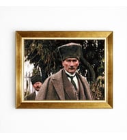 Tablore Kalpaklı Mustafa Kemal Atatürk Tarihi Portre Gold Çerçeveli Kanvas Tablo Ofis Duvar Dekoru