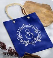 BK Gift Kişiye Özel Harfli Saks Mavi Halat Saplı Kumaş Bez Çanta-3, Baskılı Omuz Çantası, Alışveriş Çantası