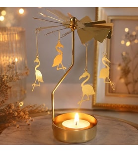 Isı ile Dönen Flamingo Figürlü Mumluk – Dekoratif Altın Renk Döner Şamdan (13 cm)