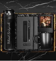 Kişiye Özel Cam Matara Suluk & Siyah Kupa &Kişiye Özel Defter & Deri Kılıflı Touch Pen Kalem &  Fotoğraf Çerçevesi Hediye Seti