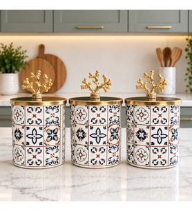 Baharatlık Silindir 3 lü Metalli Kahve Köşesi Ceramic Desen 750 ml Mercan Gold