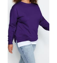 Büyük Beden Oversize Bisiklet Yaka Düşük Kol Alttan T-Shirt Çıkma Görünüm İnce Örme Sweatshirt