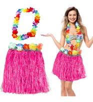 Hawaii Luau Aloha Pembe Püsküllü 40 cm Etek ve Hawaii Kolye Seti