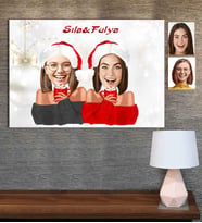 Kişiye Özel Karikatür Baskılı Ahşap Tablo 2'li Kız Arkadaş-2 30x40