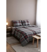 More Home  Tek Kişilik Lastikli Çarşaf  Nevresim Takımı  Ekose Desen Gri Kırmızı Çizgili