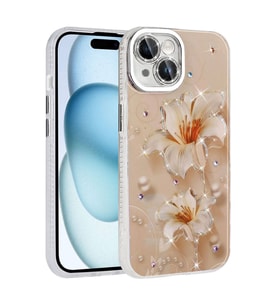 iPhone 14 Kılıf Çiçek Desenli Parlak Taşlı Sert Silikon Kapak (Pembe)