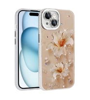 iPhone 14 Kılıf Çiçek Desenli Parlak Taşlı Sert Silikon Kapak (Pembe)