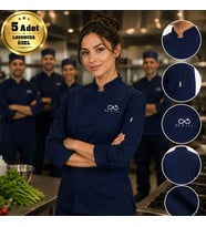 Logonuza Özel 5 Adet Lacivert Kadın Şef Ceketi - Gabardin Kumaş Profesyonel Aşçı Ceketi