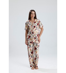 Kadın Düğmeli Şal Desen Kısa Kollu Pijama Takım