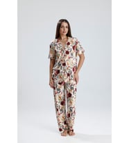 Kadın Düğmeli Şal Desen Kısa Kollu Pijama Takım