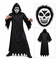 Tüylü Eva Kafatası Maskeli Siyah Hayalet Kostümü – 140 cm (5343)