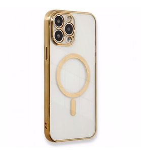 İphone 14 Pro Kamera Korumalı Magsafe Kablosuz Şarj Uyumlu Renkli Şeffaf Kılıf (Gold)