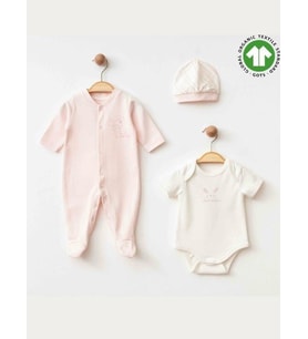 Kız Bebek Tulum Body Şapka Organik 3 lü Set