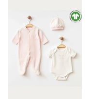 Kız Bebek Tulum Body Şapka Organik 3 lü Set (Pembe)