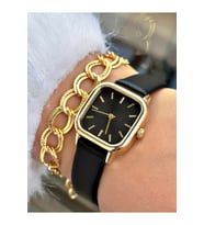 Özel Kare Classic Tasarım Metal Kasa Vintage Modeli Kadın Kol Saati-Bileklik Hediyeli (Siyah)