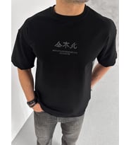 Erkek Baskılı Bisiklet Yaka T-Shirt - Siyah