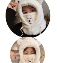 Krem Renk Peluş Ayıcık Balaclava Boyunluklu Bere (Karışık)