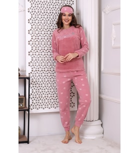 Fawn 3024 Peluş Welsoft Polar Kışlık Yumoş Kadın Pijama Takımı (Pudra)