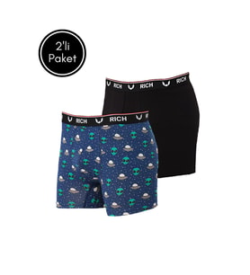 Erkek Likralı Desenli ve Düz 2'li Boxer Paketi