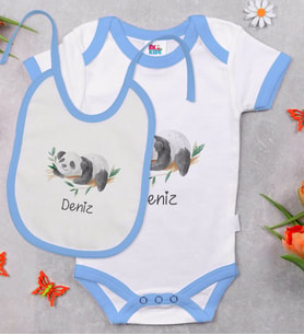 BK Kids Kişiye Özel Panda Tasarımlı Mavi Bebek Body Zıbın ve Mama Önlüğü Hediye Seti