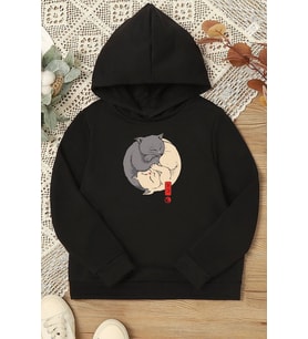 Çocuk Yin Yang Cats Baskılı Sweatshirt (Siyah)
