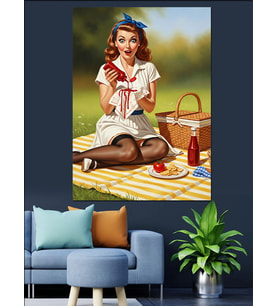 Piknik Yapan Retro Pin-up Dekoratif Kanvas - Mdf Ahşap Tablo