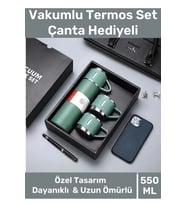 Özel Üretim Paslanmaz Çelik 3 Bardaklı Soğuk Sıcak Termos Vakumlu Termos Set Çanta Hediyeli 550 Ml