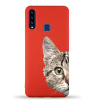 Samsung Galaxy A20s Uyumlu Lansman Kılıf Catface Tasarımlı İçi Kadife Kapak-Kırmızı (Şeffaf)