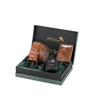 Polo Air Mıknatıslı Otomatik Mekanizmalı Cüzdan Kemer Parfüm Erkek Kombin Seti Taba Renk PM-06-T