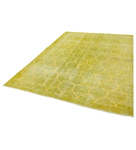 Limon Yeşili Sarı Geometrik Desenli Eskitme Halı Şık Salon Halısı El Dokuma Seçeneği