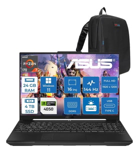 Asus Tuf Gaming A16 (FA607NUQ-GAMING) Amd Ryzen™ 7 170 24GB Ddr5 4tb SSD RTX4050/6GB 140W 16″/fhd+ 16:10 (1920 x 1200, Wuxga) 300 Nits, 144Hz, WIN11PRO Taşınabilir Bilgisayar RL028P10+ZETTAÇANTA