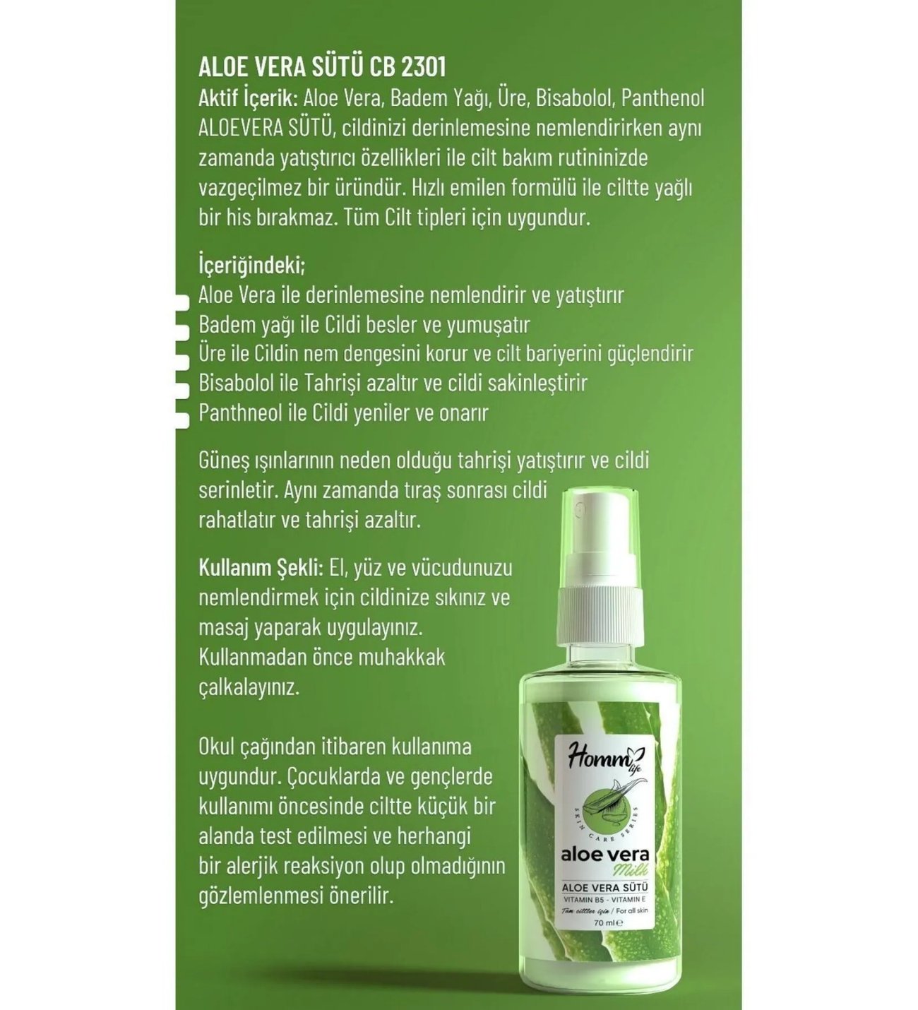 Homm Bitkisel Aloe Vera St Vitamin B5 Vitamin E Tm Cilt Tipleri in 70  ml